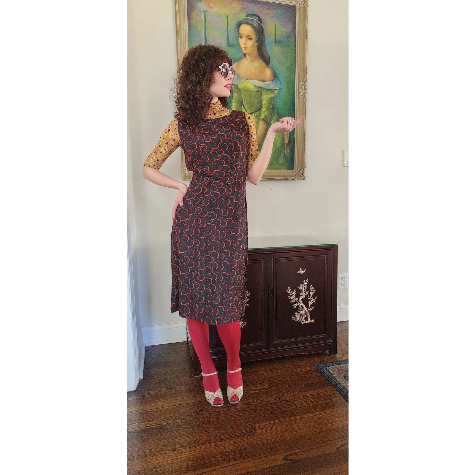 Vintage 60s Party Dress Red on Black Embroidered Satin Crescent Moon / M
