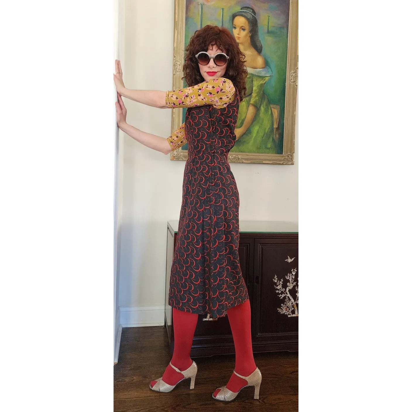 Vintage 60s Party Dress Red on Black Embroidered Satin Crescent Moon / M