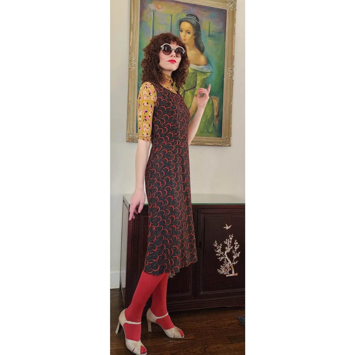 Vintage 60s Party Dress Red on Black Embroidered Satin Crescent Moon / M