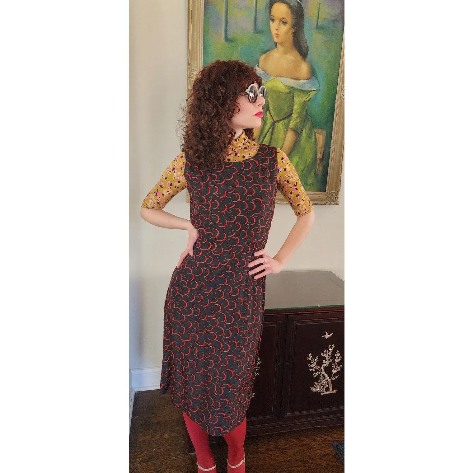 Vintage 60s Party Dress Red on Black Embroidered Satin Crescent Moon / M