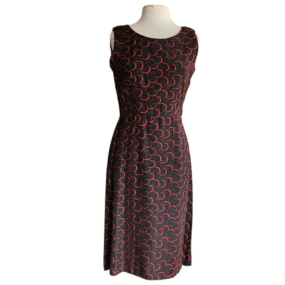 Vintage 60s Party Dress Red on Black Embroidered Satin Crescent Moon / M