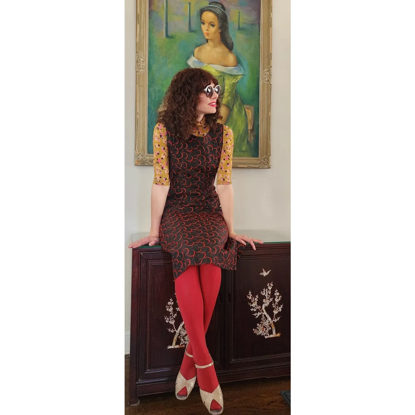 Vintage 60s Party Dress Red on Black Embroidered Satin Crescent Moon / M