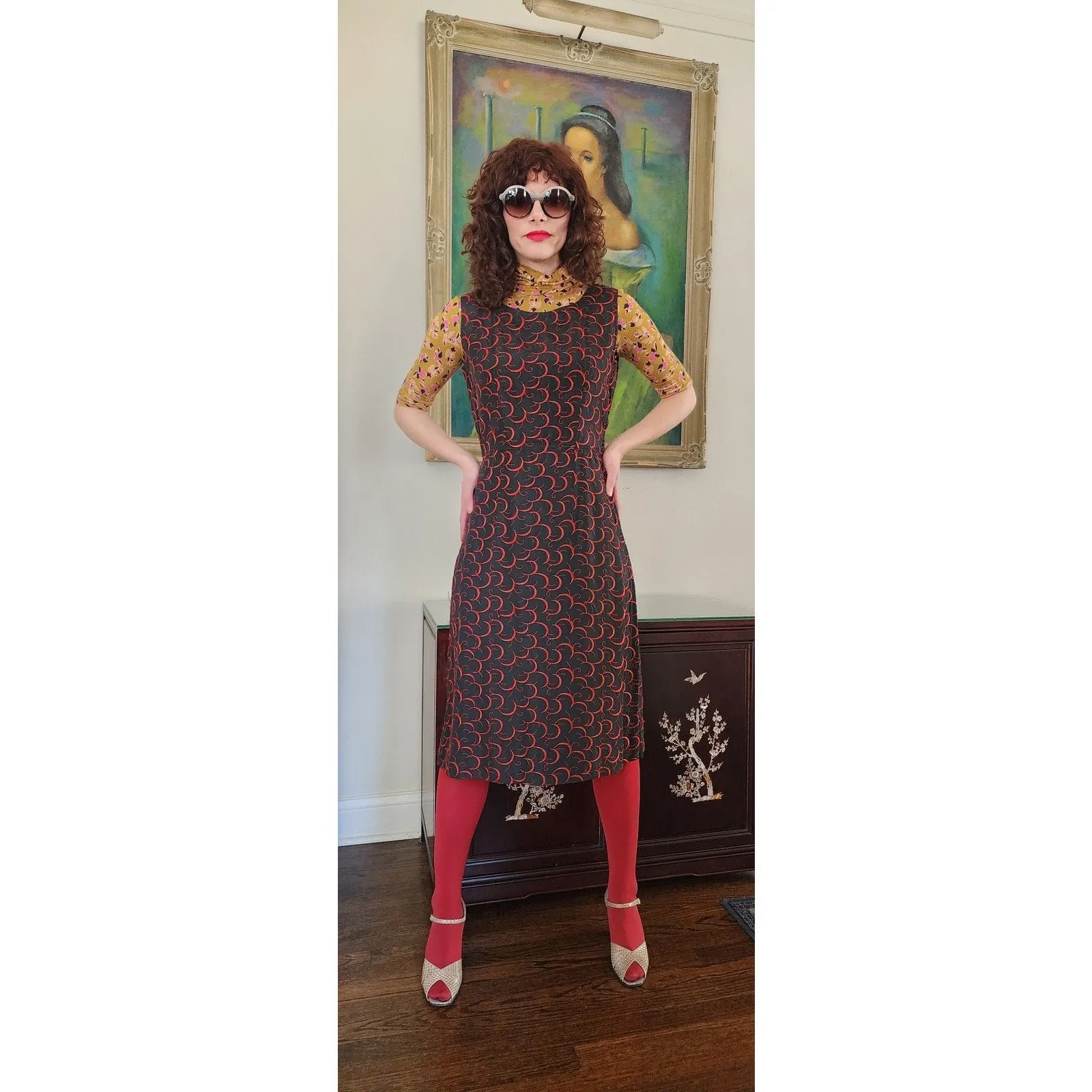 Vintage 60s Party Dress Red on Black Embroidered Satin Crescent Moon / M