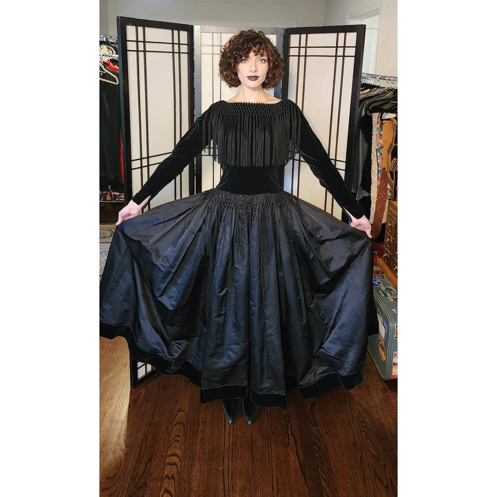 Vintage 70s Bill Blass Evening Dress Black Velvet Satin Fringe
