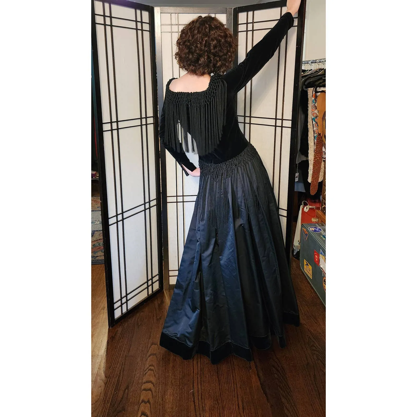 Vintage 70s Bill Blass Evening Dress Black Velvet Satin Fringe