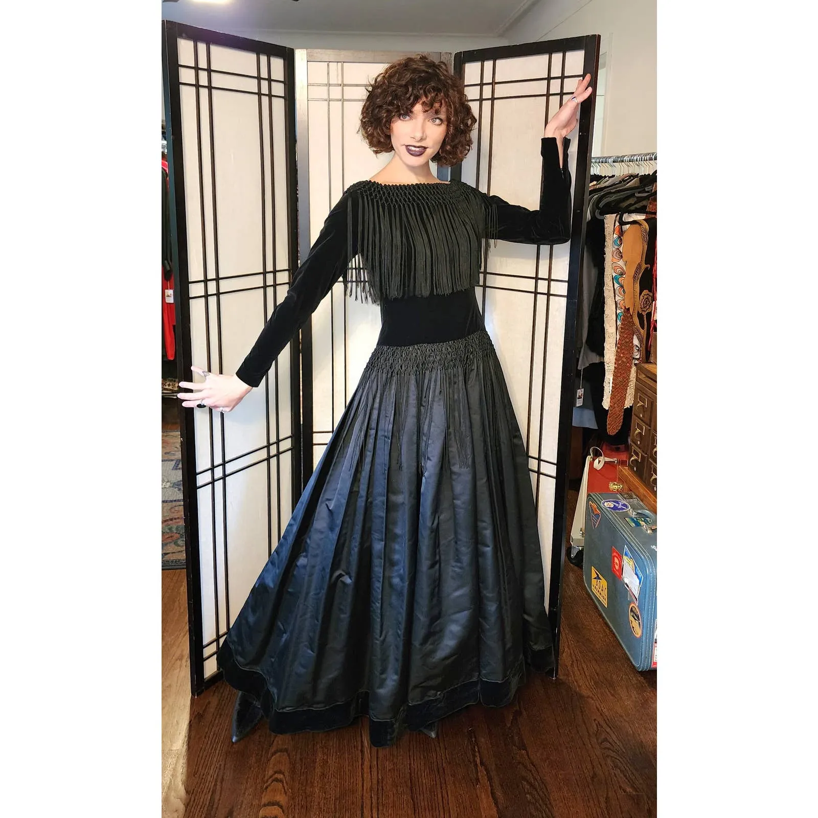Vintage 70s Bill Blass Evening Dress Black Velvet Satin Fringe