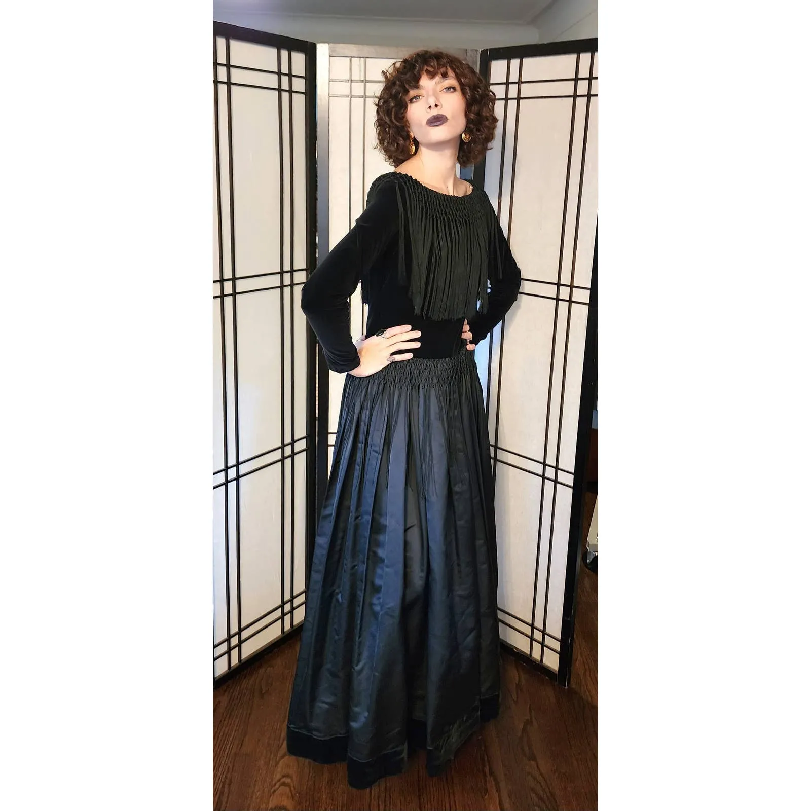 Vintage 70s Bill Blass Evening Dress Black Velvet Satin Fringe