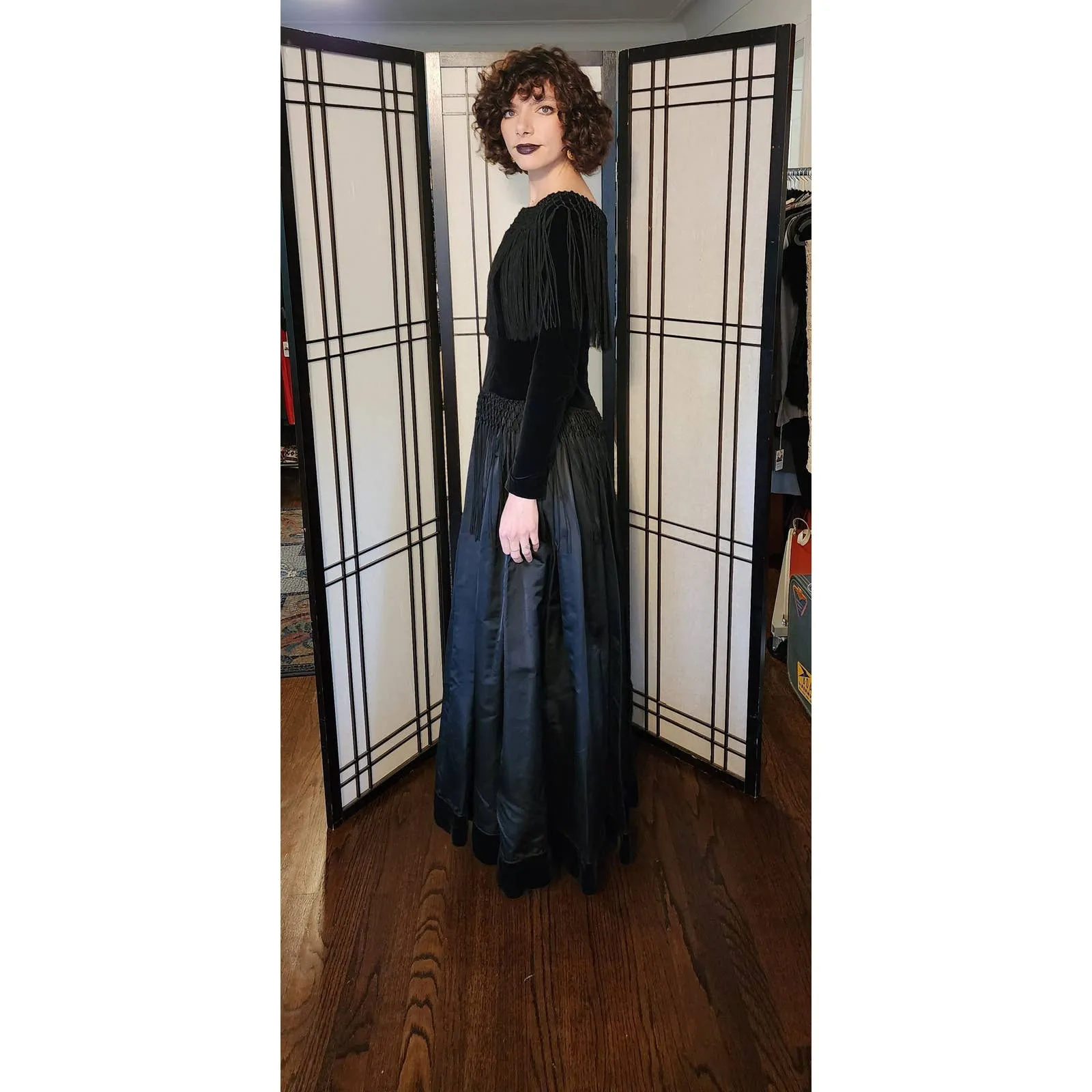 Vintage 70s Bill Blass Evening Dress Black Velvet Satin Fringe