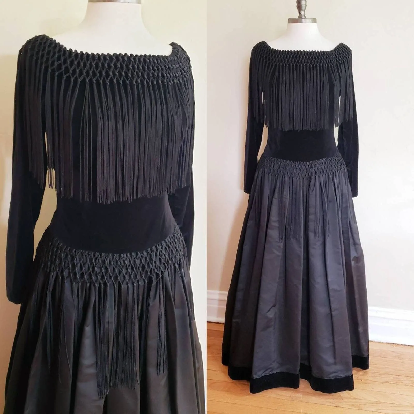 Vintage 70s Bill Blass Evening Dress Black Velvet Satin Fringe