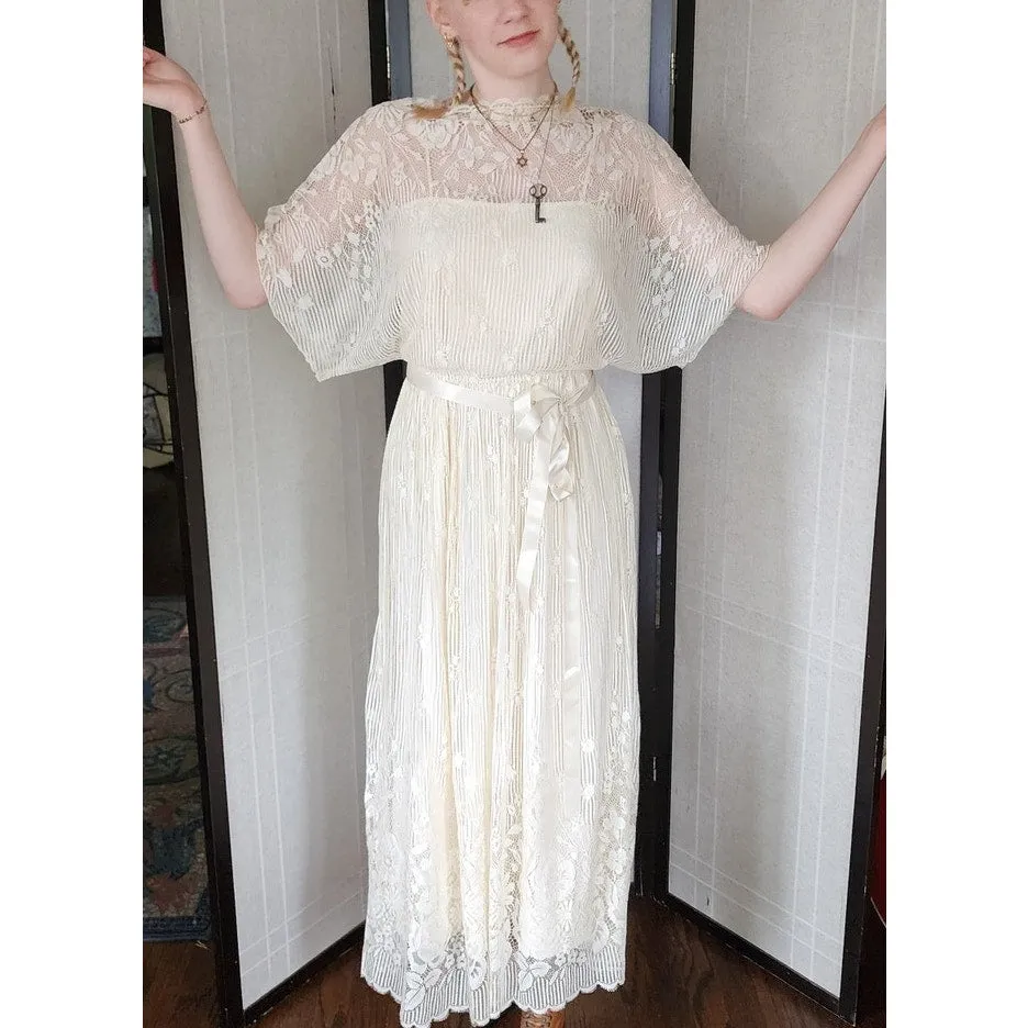 Vintage 70s Cream Lace Dress Elastic Waist Boho Bride