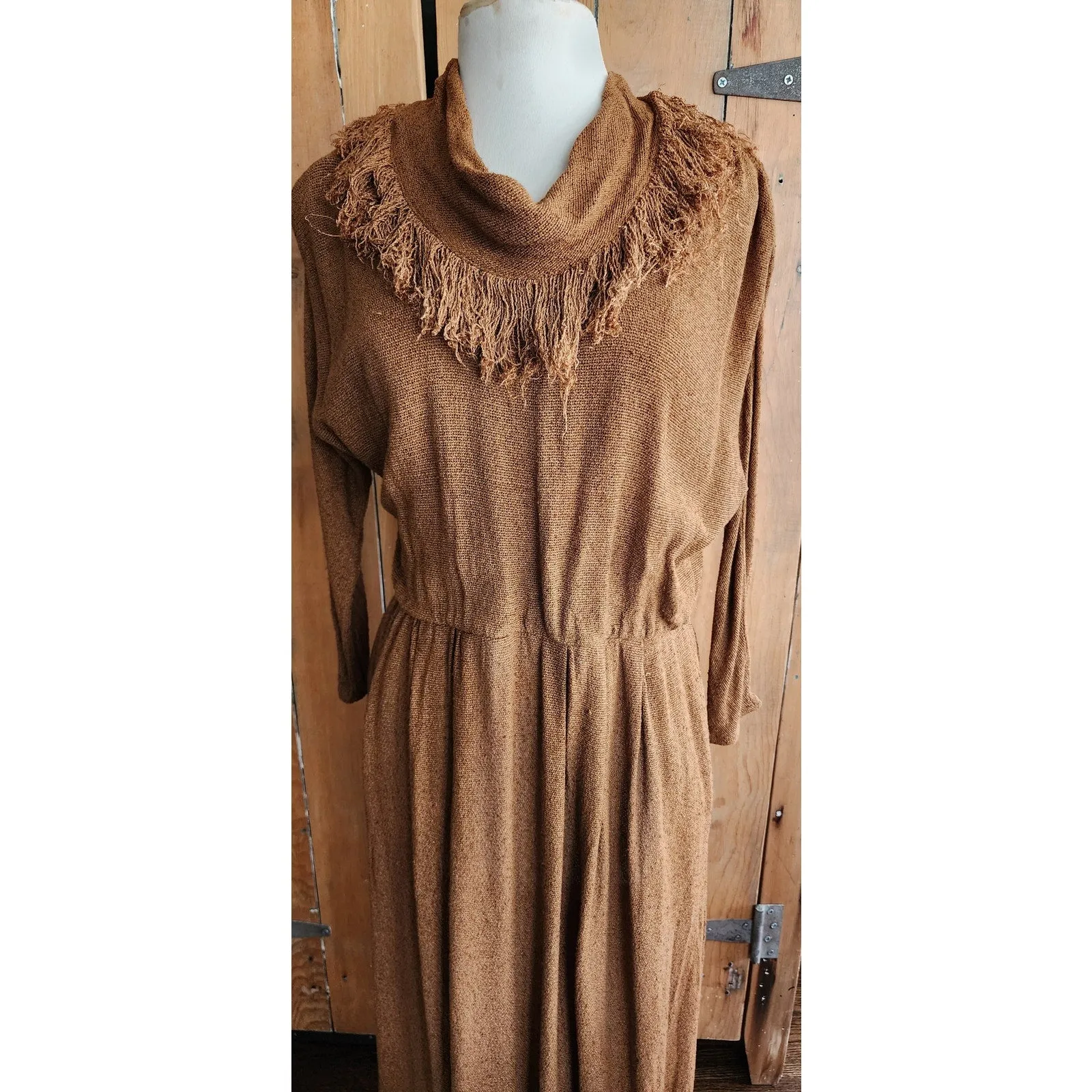 Vintage 80s Brown Dress Fringed Cowl Collar Mad Max Distopia Positive Attitude