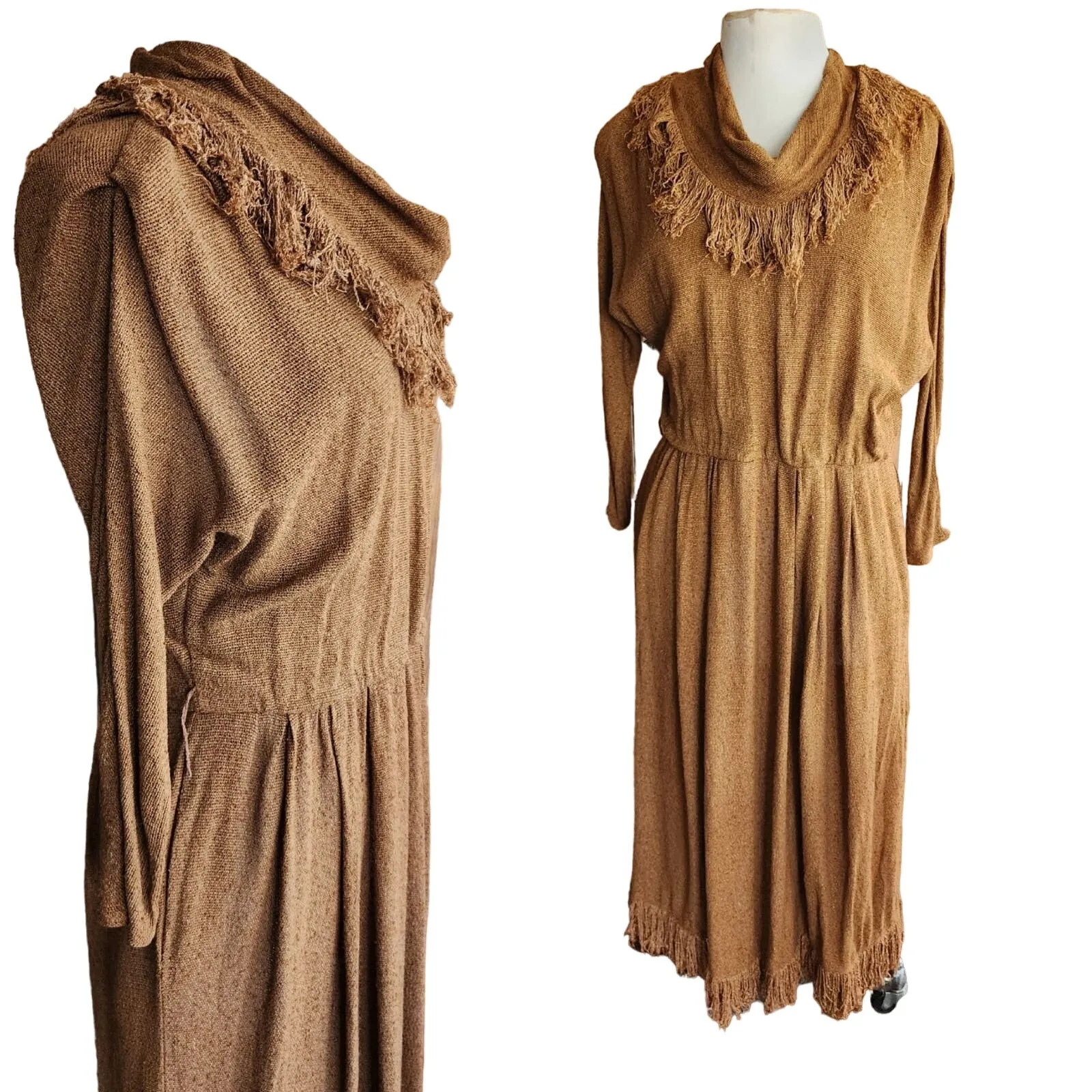 Vintage 80s Brown Dress Fringed Cowl Collar Mad Max Distopia Positive Attitude