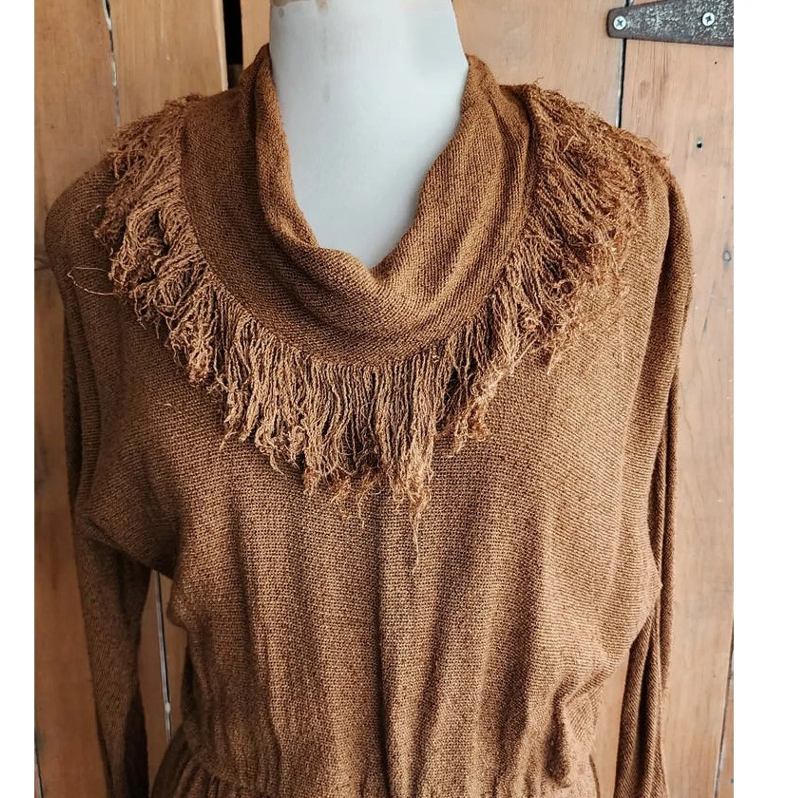 Vintage 80s Brown Dress Fringed Cowl Collar Mad Max Distopia Positive Attitude