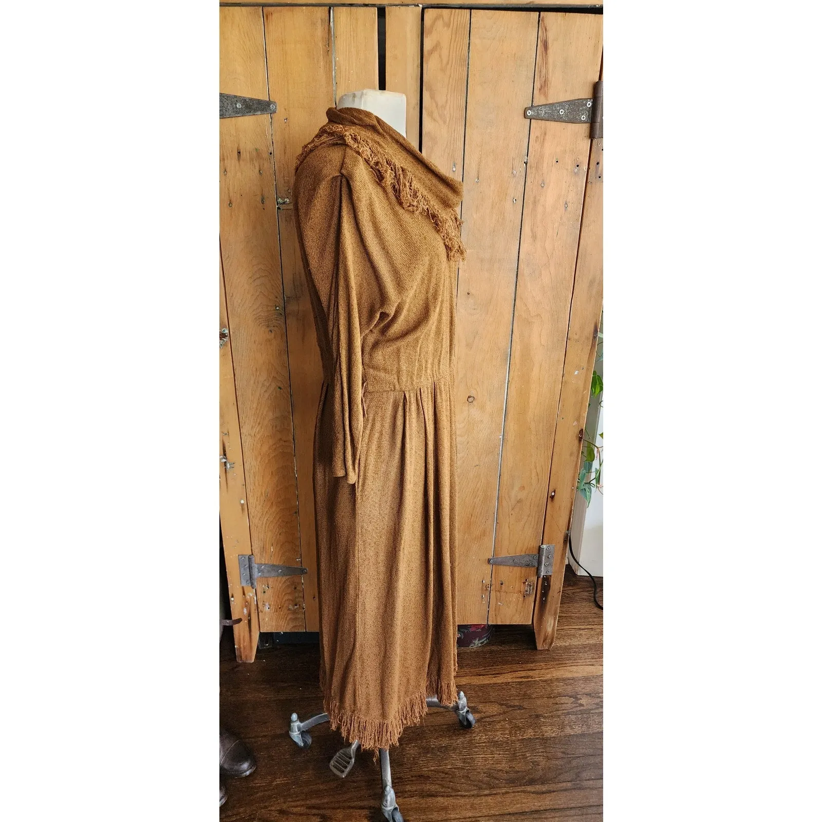 Vintage 80s Brown Dress Fringed Cowl Collar Mad Max Distopia Positive Attitude