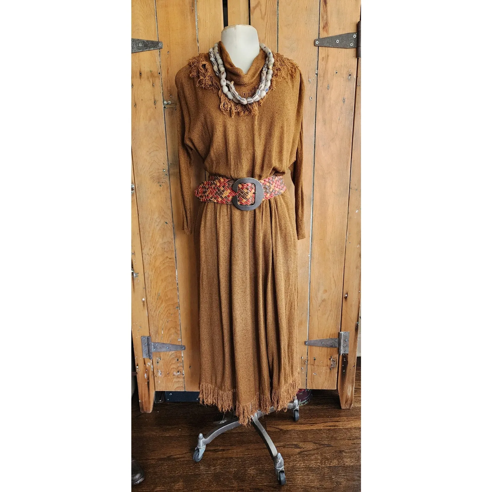 Vintage 80s Brown Dress Fringed Cowl Collar Mad Max Distopia Positive Attitude