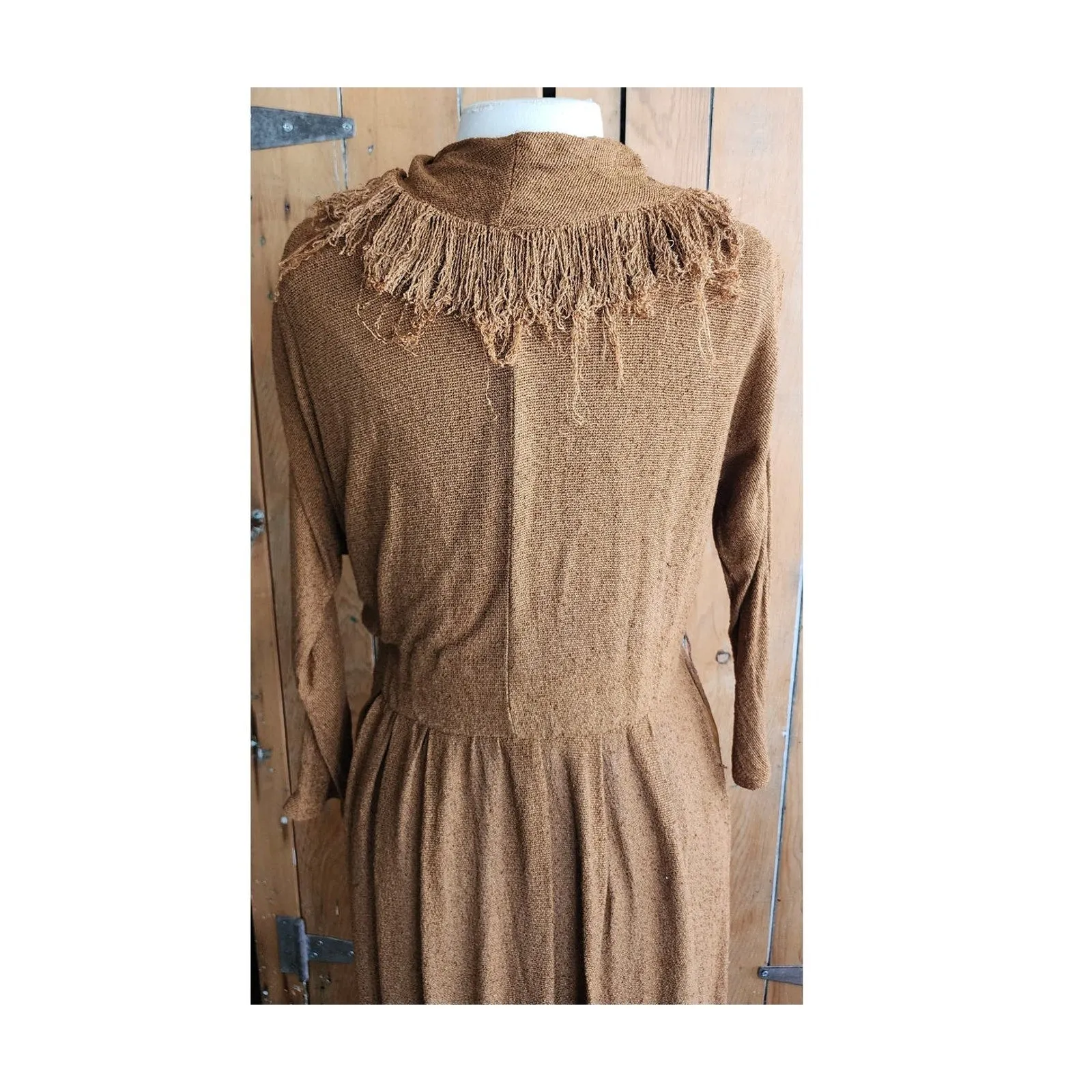Vintage 80s Brown Dress Fringed Cowl Collar Mad Max Distopia Positive Attitude