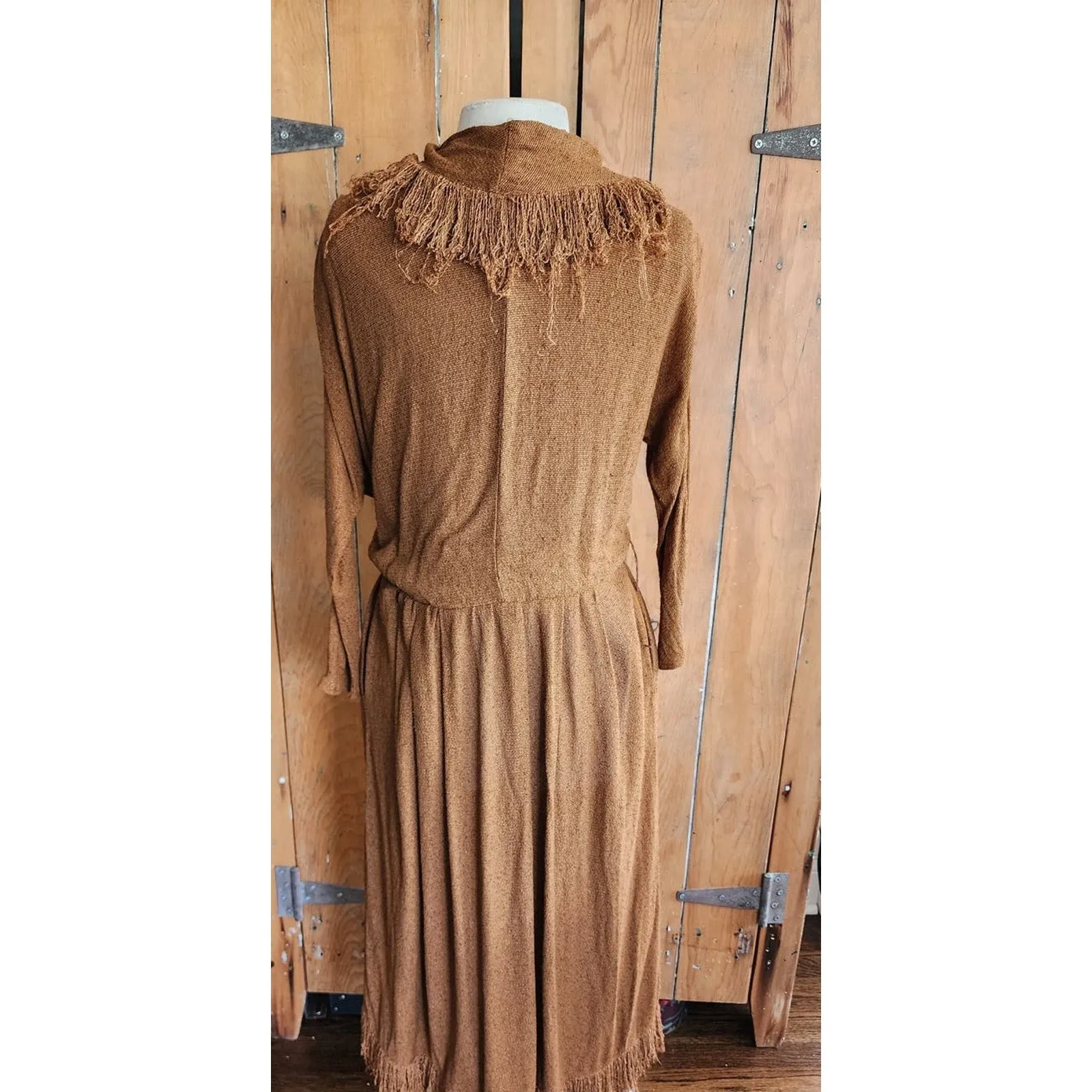 Vintage 80s Brown Dress Fringed Cowl Collar Mad Max Distopia Positive Attitude