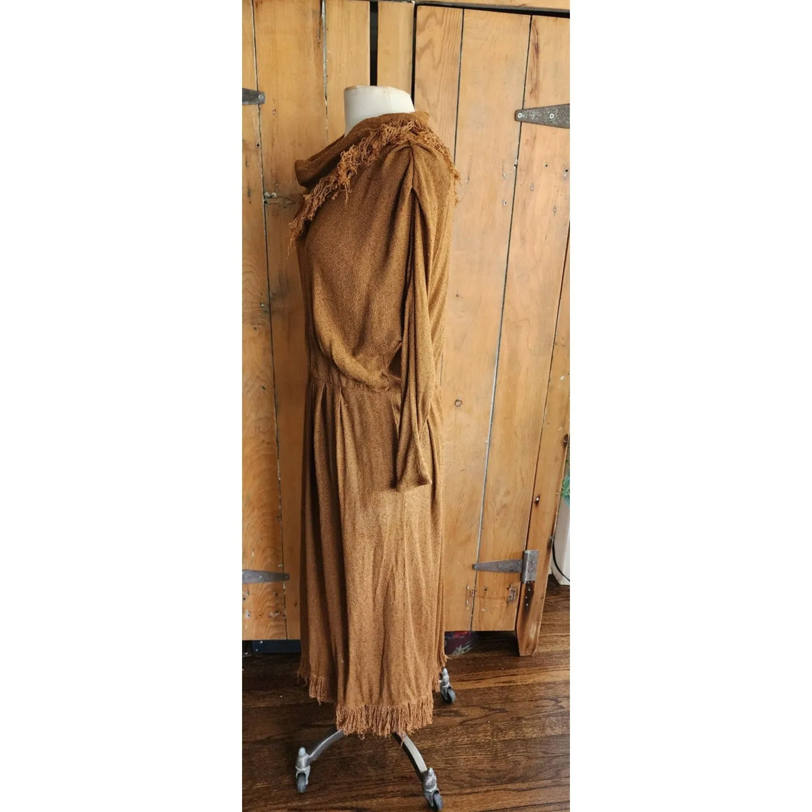 Vintage 80s Brown Dress Fringed Cowl Collar Mad Max Distopia Positive Attitude