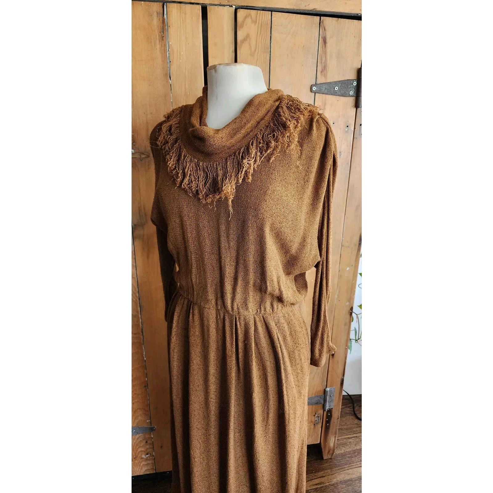 Vintage 80s Brown Dress Fringed Cowl Collar Mad Max Distopia Positive Attitude