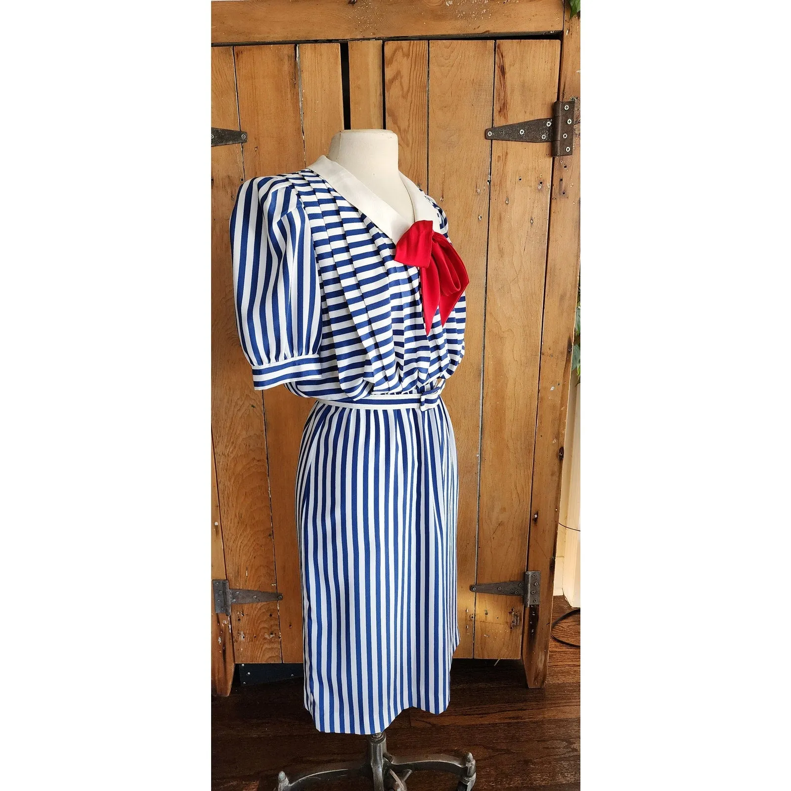 Vintage 80s Nautical Striped Dress Sailor Collar Red Pussycat Bow Charles Alan