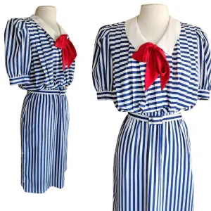 Vintage 80s Nautical Striped Dress Sailor Collar Red Pussycat Bow Charles Alan