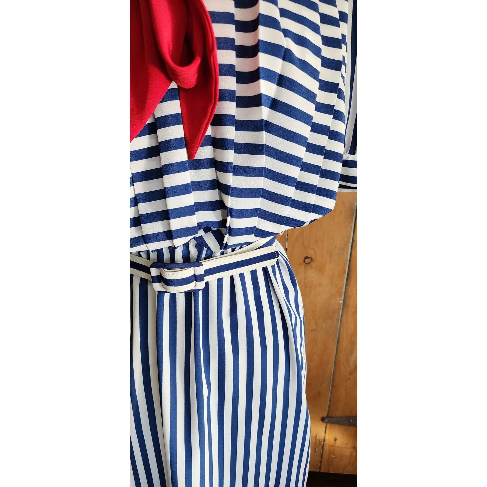 Vintage 80s Nautical Striped Dress Sailor Collar Red Pussycat Bow Charles Alan