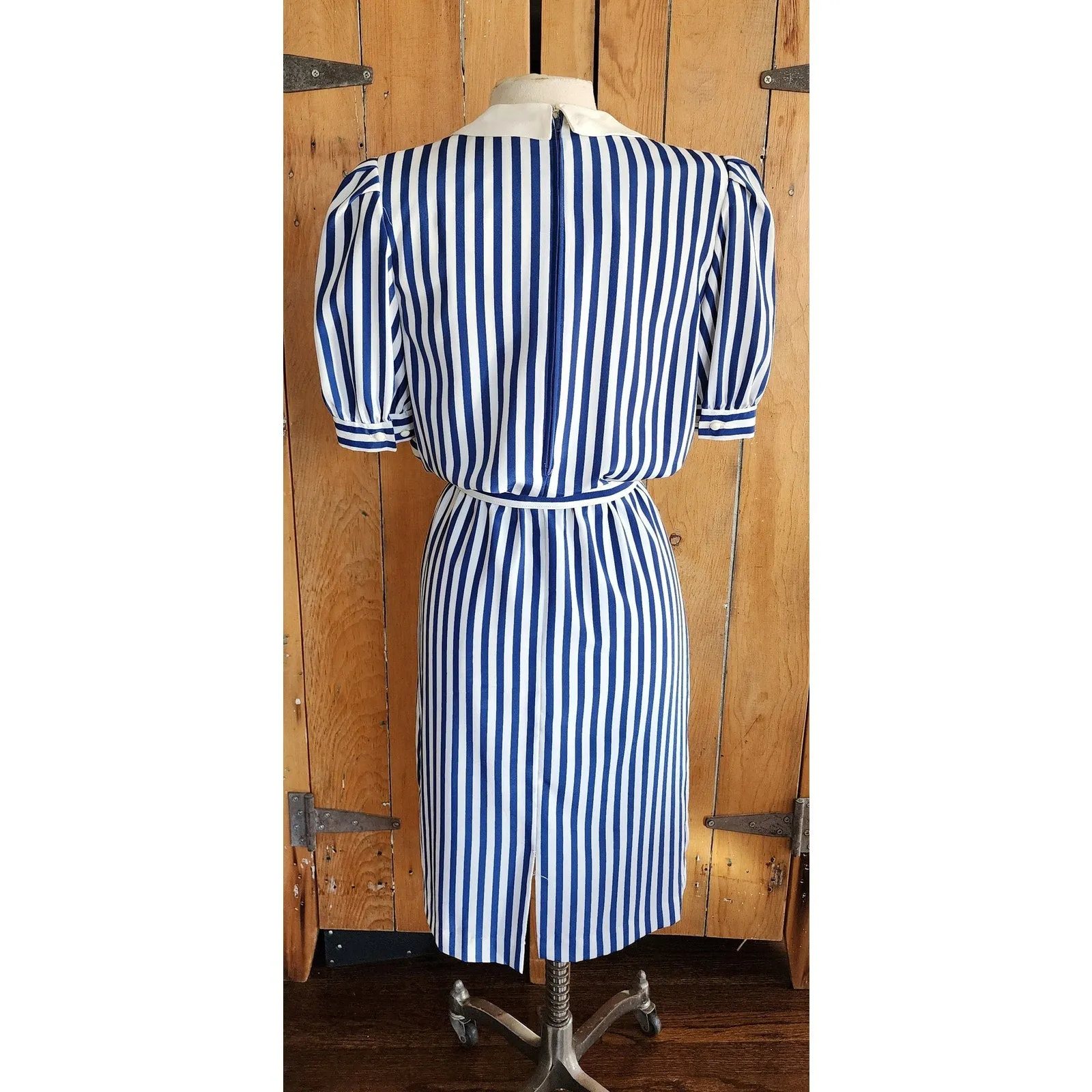 Vintage 80s Nautical Striped Dress Sailor Collar Red Pussycat Bow Charles Alan