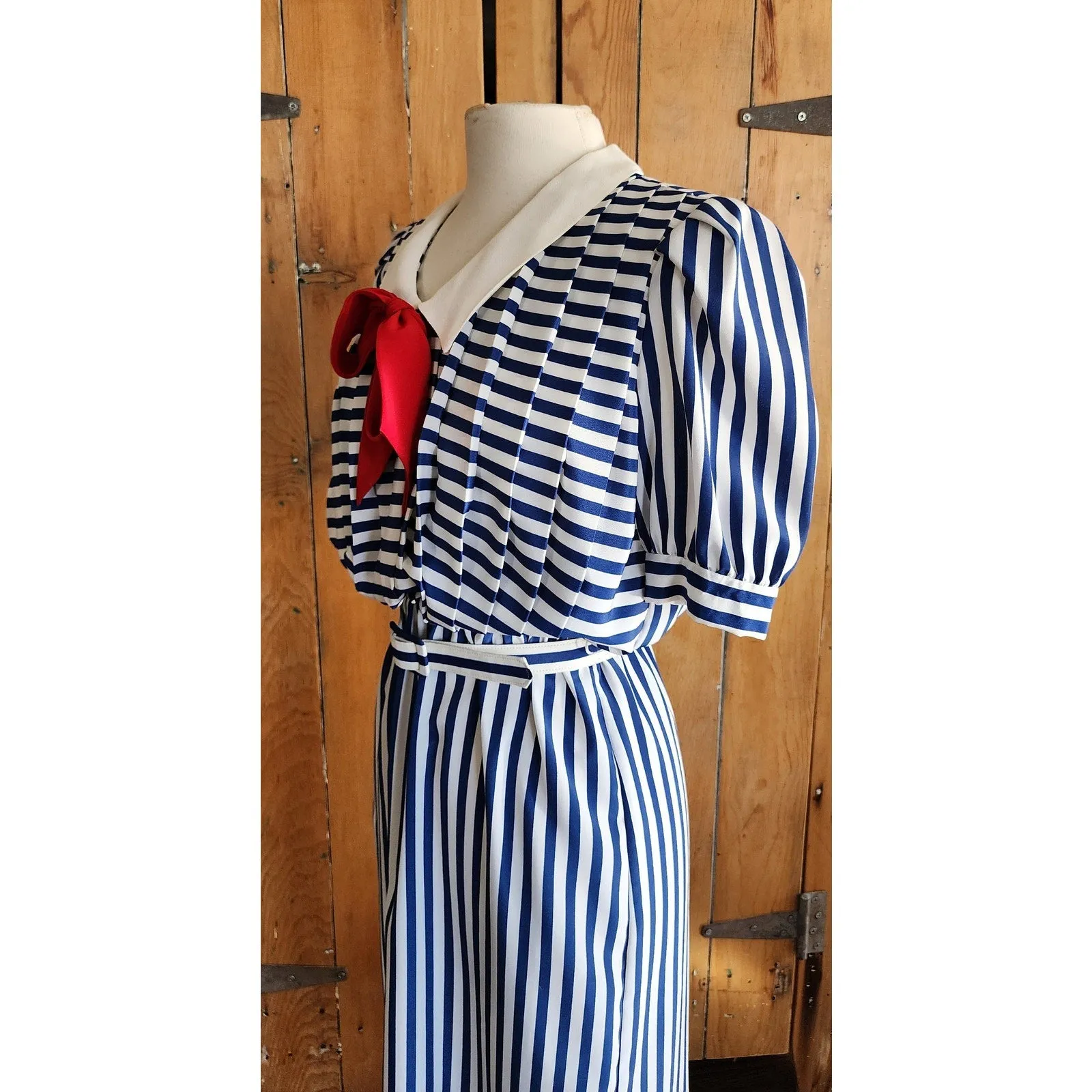 Vintage 80s Nautical Striped Dress Sailor Collar Red Pussycat Bow Charles Alan
