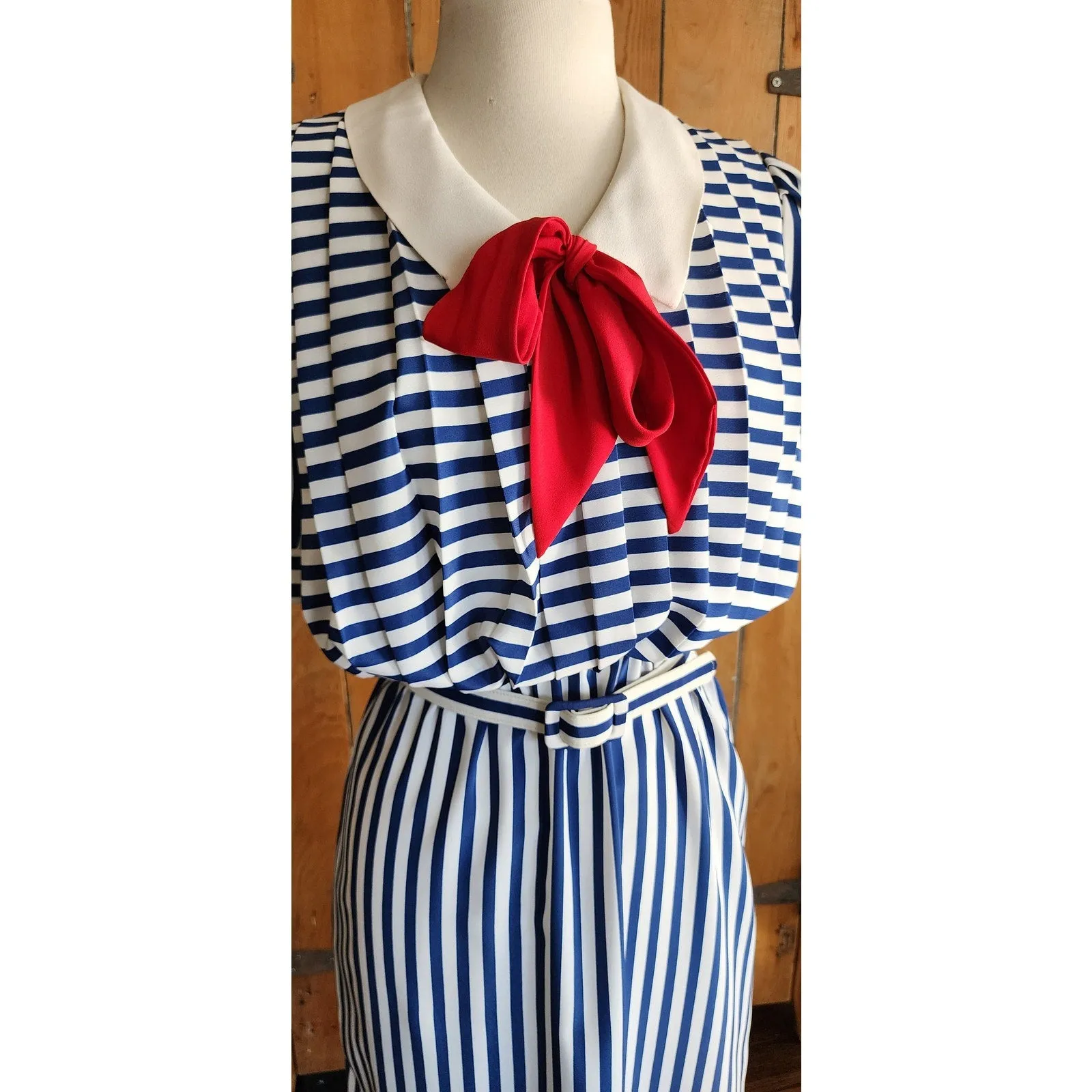 Vintage 80s Nautical Striped Dress Sailor Collar Red Pussycat Bow Charles Alan