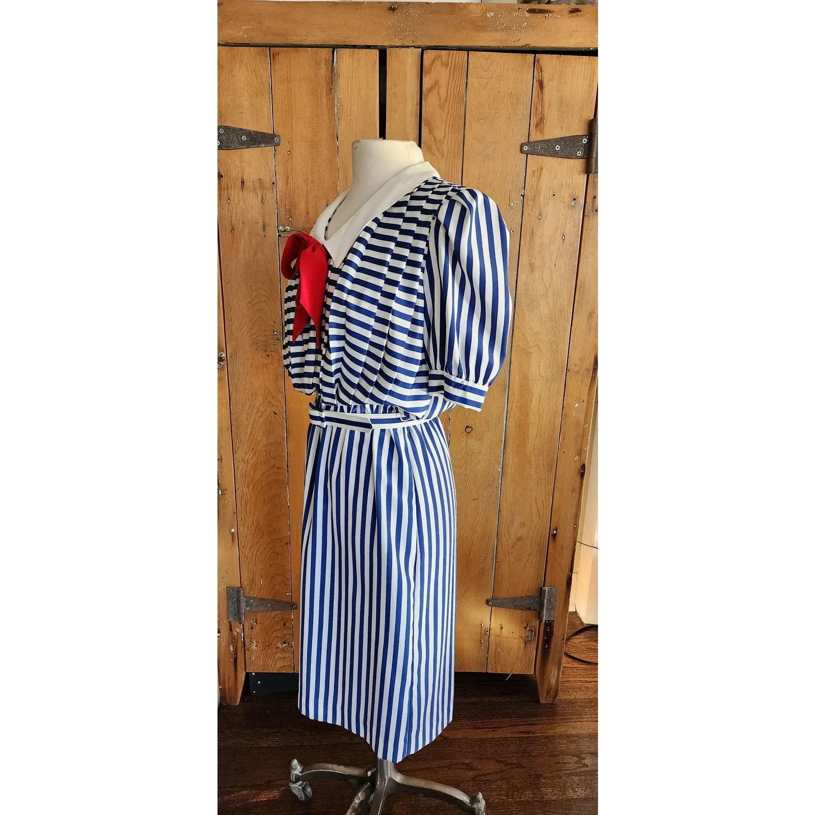 Vintage 80s Nautical Striped Dress Sailor Collar Red Pussycat Bow Charles Alan