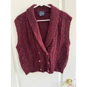 Vintage Allen Solly Maroon Cable Knit Sleeveless Double Breasted Cardigan