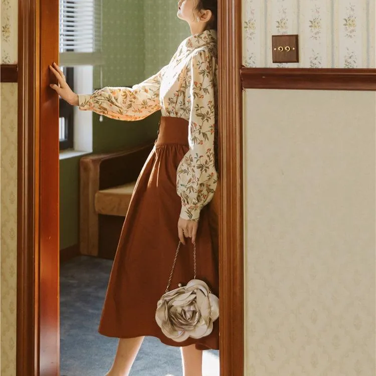 Vintage Set Long Sleeve Lapel Chiffon Printed Shirt Top Blouse   High Waist Skirt Outfits 2 Piece Set Lady Elegant Chic Skirt Suits