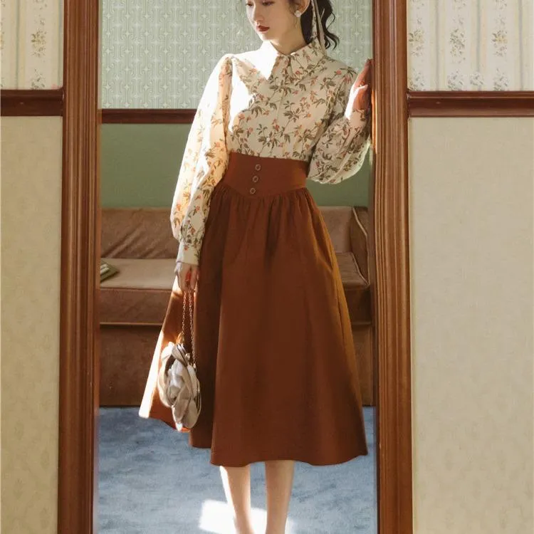 Vintage Set Long Sleeve Lapel Chiffon Printed Shirt Top Blouse   High Waist Skirt Outfits 2 Piece Set Lady Elegant Chic Skirt Suits