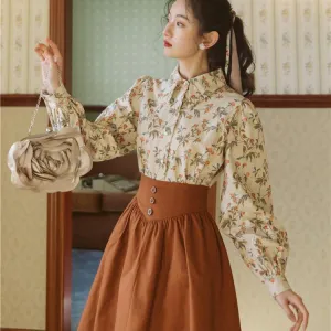 Vintage Set Long Sleeve Lapel Chiffon Printed Shirt Top Blouse   High Waist Skirt Outfits 2 Piece Set Lady Elegant Chic Skirt Suits