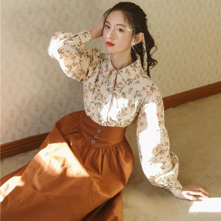 Vintage Set Long Sleeve Lapel Chiffon Printed Shirt Top Blouse   High Waist Skirt Outfits 2 Piece Set Lady Elegant Chic Skirt Suits