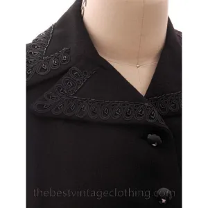 Vintage Suit Classic 1940s Ladies Black Crepe Swansdown Embellished Collar Small