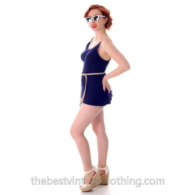Vintage Womens Swim Suit Wool Navy Blue Braided  Straps 1930s 36-34-38