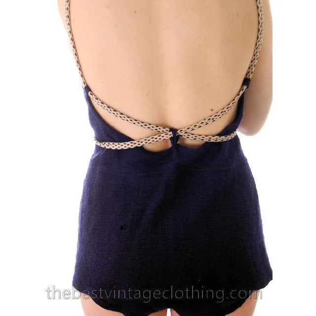 Vintage Womens Swim Suit Wool Navy Blue Braided  Straps 1930s 36-34-38