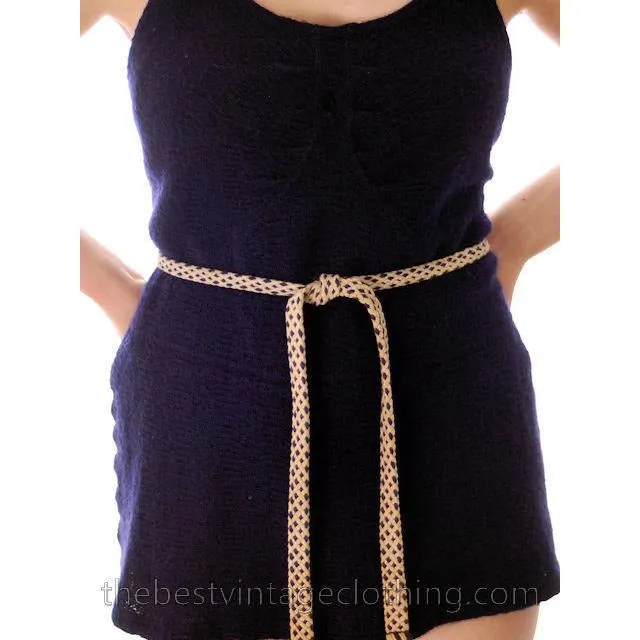 Vintage Womens Swim Suit Wool Navy Blue Braided  Straps 1930s 36-34-38