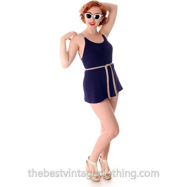 Vintage Womens Swim Suit Wool Navy Blue Braided  Straps 1930s 36-34-38