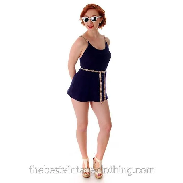 Vintage Womens Swim Suit Wool Navy Blue Braided  Straps 1930s 36-34-38