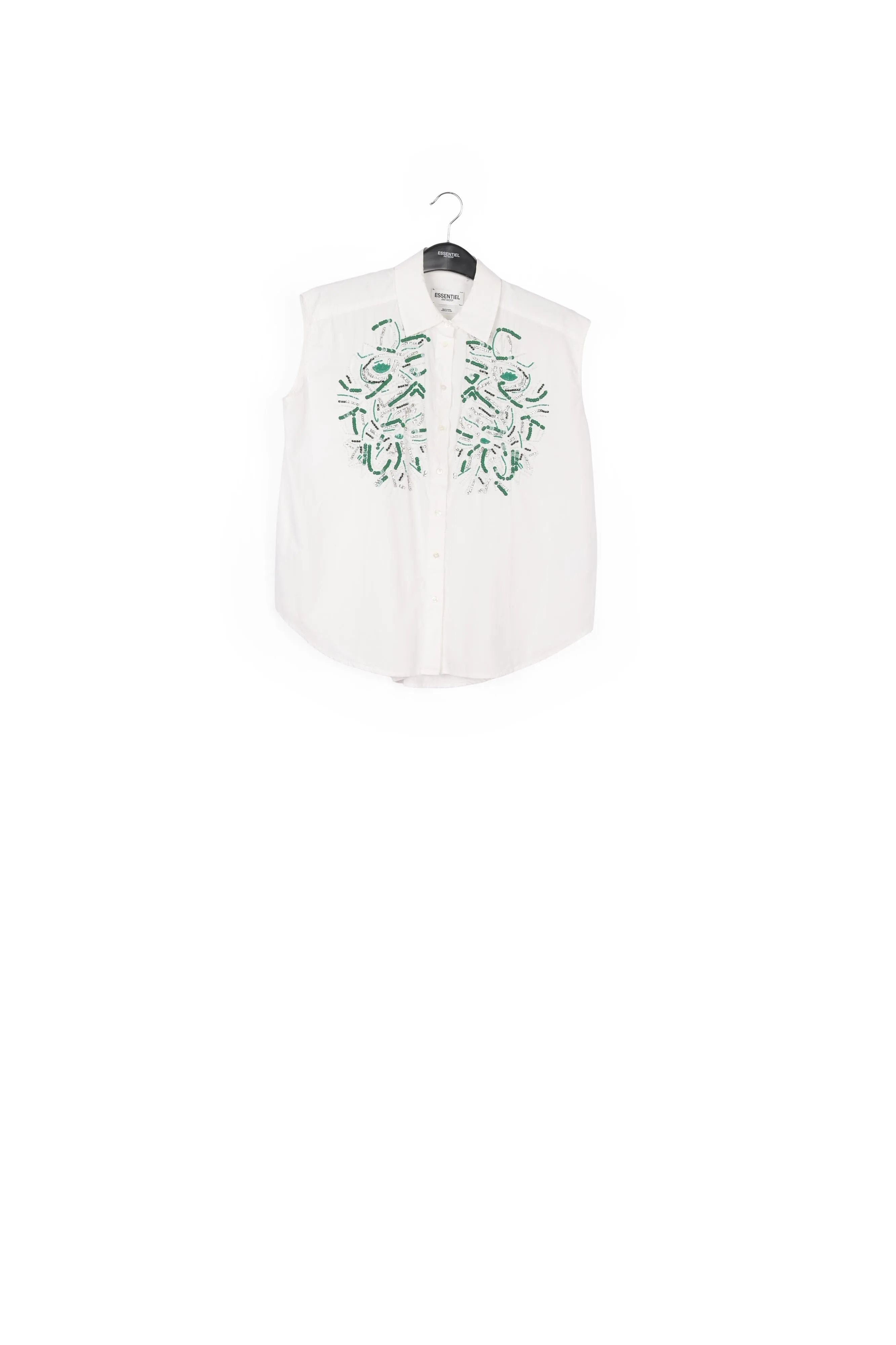 White sequin and rhinestone-embellished sleeveless shirt