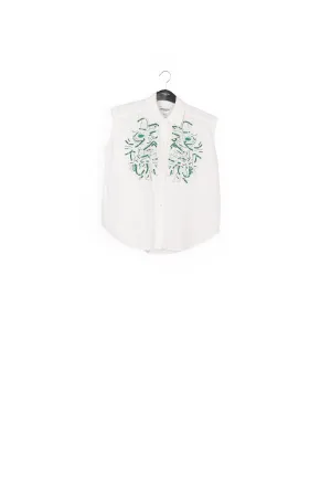 White sequin and rhinestone-embellished sleeveless shirt