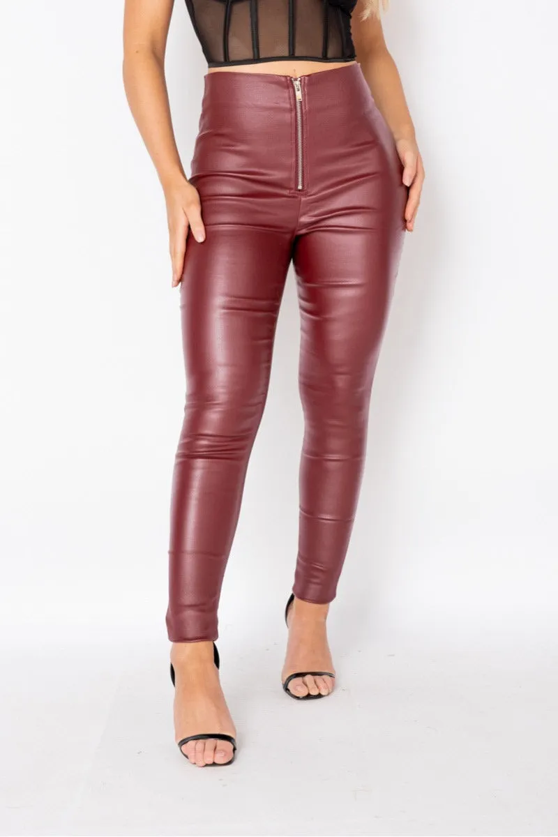 Wine Coated Zip Detail Skinny Trousers