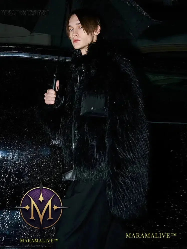 Winter Cool Handsome Black Thick Warm Soft Patchwork Faux Fur Coat Men Luxury Designer Clothing Fluffy Jacket 2023