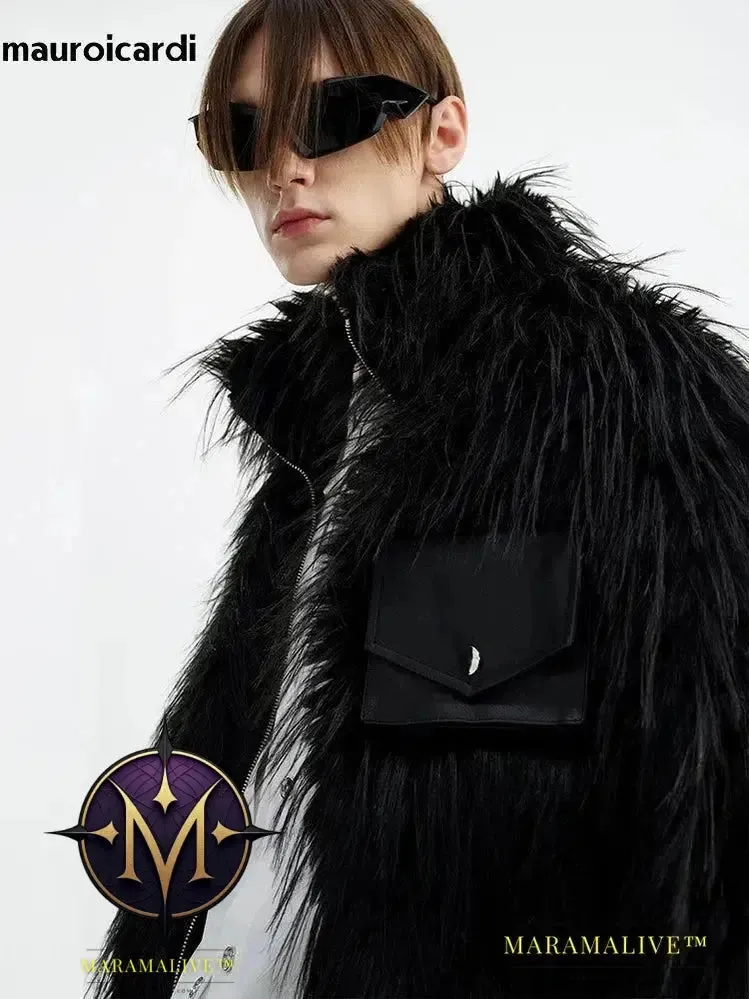 Winter Cool Handsome Black Thick Warm Soft Patchwork Faux Fur Coat Men Luxury Designer Clothing Fluffy Jacket 2023