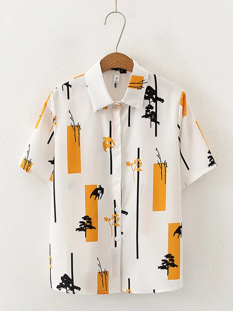 Women Abstract Tree Painted Lapel Collar Loose Casual Shirts