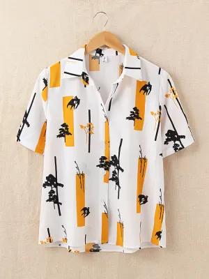 Women Abstract Tree Painted Lapel Collar Loose Casual Shirts