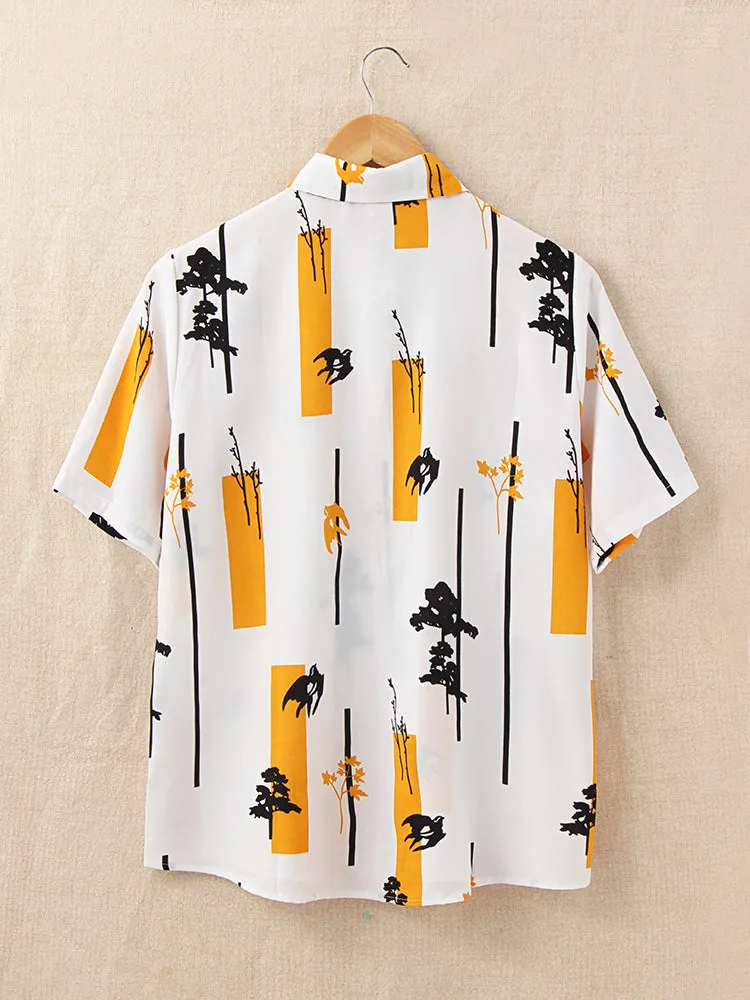 Women Abstract Tree Painted Lapel Collar Loose Casual Shirts