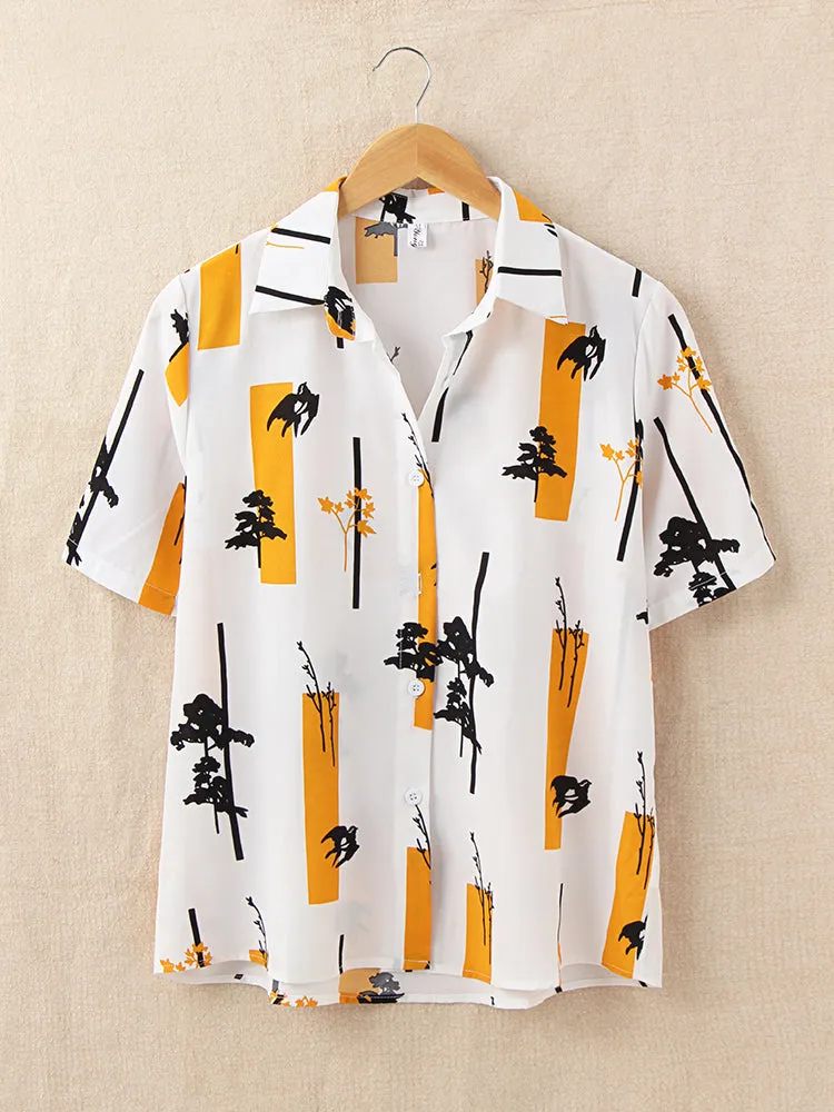 Women Abstract Tree Painted Lapel Collar Loose Casual Shirts